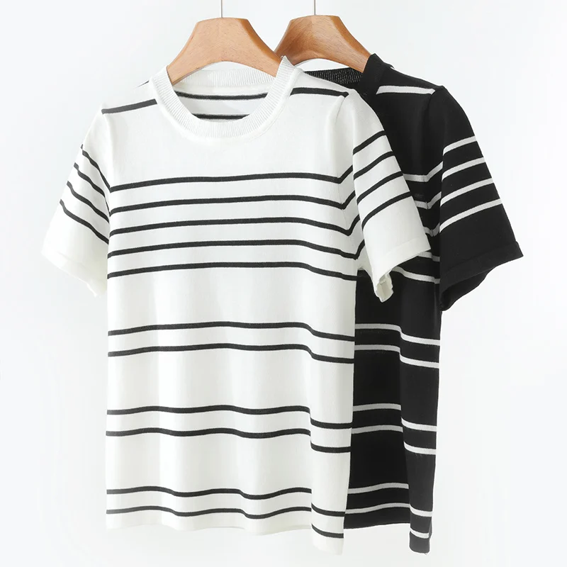 

2026 New Women's Short sleeved 100% Cotton Knitted O-neck Women's T-shirt Striped Fashion Cool Women's T-shirt Top