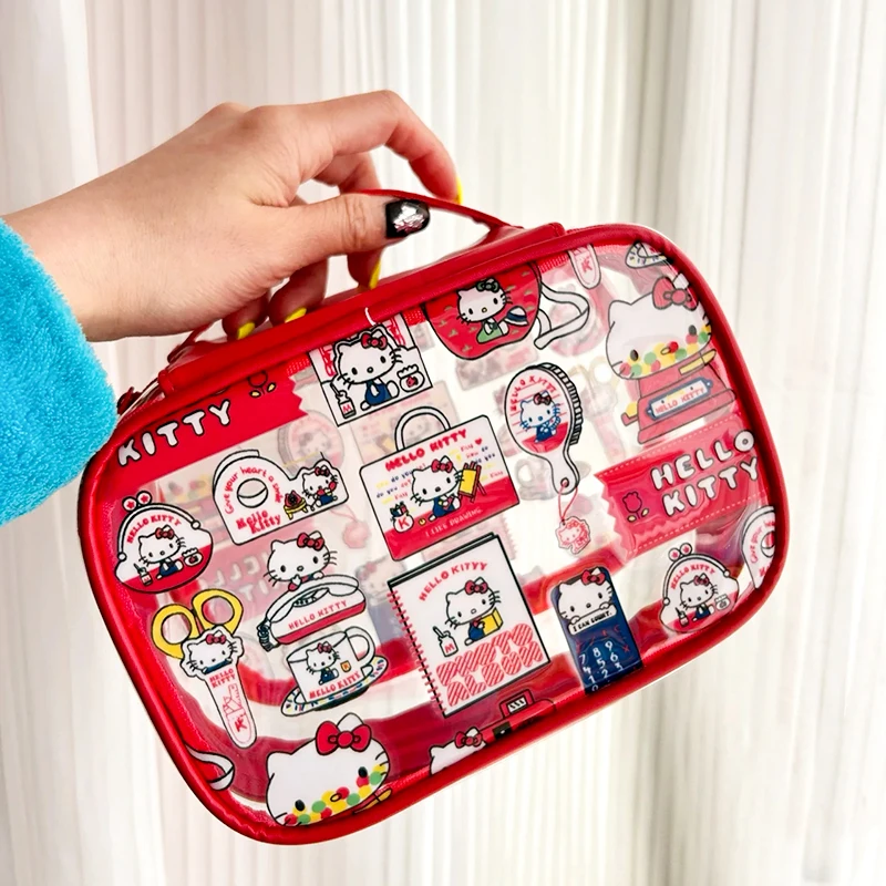 Hello Kitty Makeup Bag Sanrio Kawaii Portable Transparent PVC Large-Capacity Waterproof Skin Care Storage Bag Wash Tote Handbag