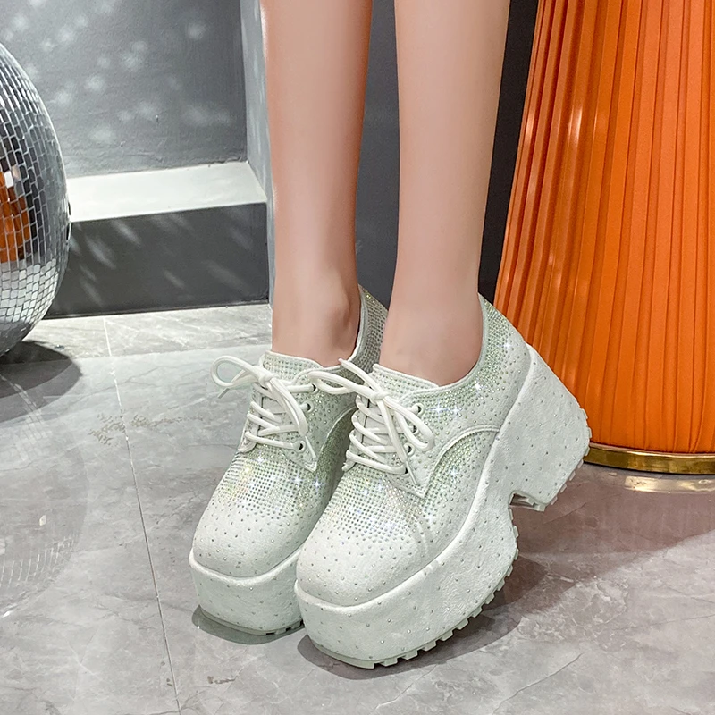 Designer Autumn Spring Leather Women Shoes New Style 9.5CM Platform Shoes Platforms Sneakers Tide Shine Bling Rhinestone Shoes