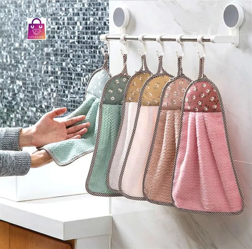 Coral Velvet Hand Towel Hanging Absorbent Towel Thickened Kitchen Hanging Towel Cleaning Rag Dish  Cloths household