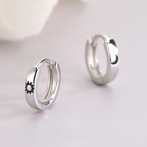 Real 925 Sterling Silver Sun and Moon Round Hoop Earring for Women Minimalist  Fine Jewelry Trendy Asymmetric Accessories image 3