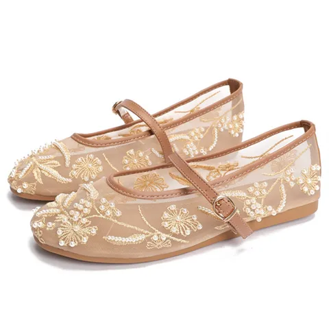 Балетки на плоской подошве с вышивкой и бисером, женские модные туфли Мэри Джейн с белым жемчугом, легкие летние элегантные уютные сандалии на плоской подошве