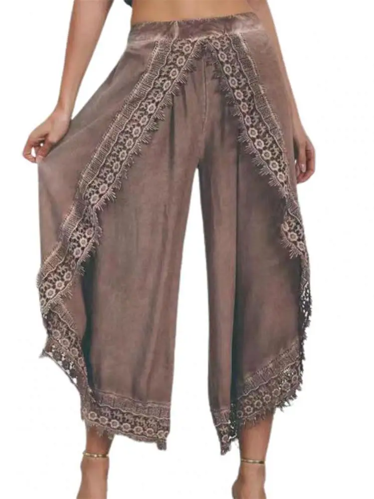 

Женские повседневные брюки с высокой талией и кружевным декором, прямого кроя, однотонные, в уличном стиле, асимметричные, модные