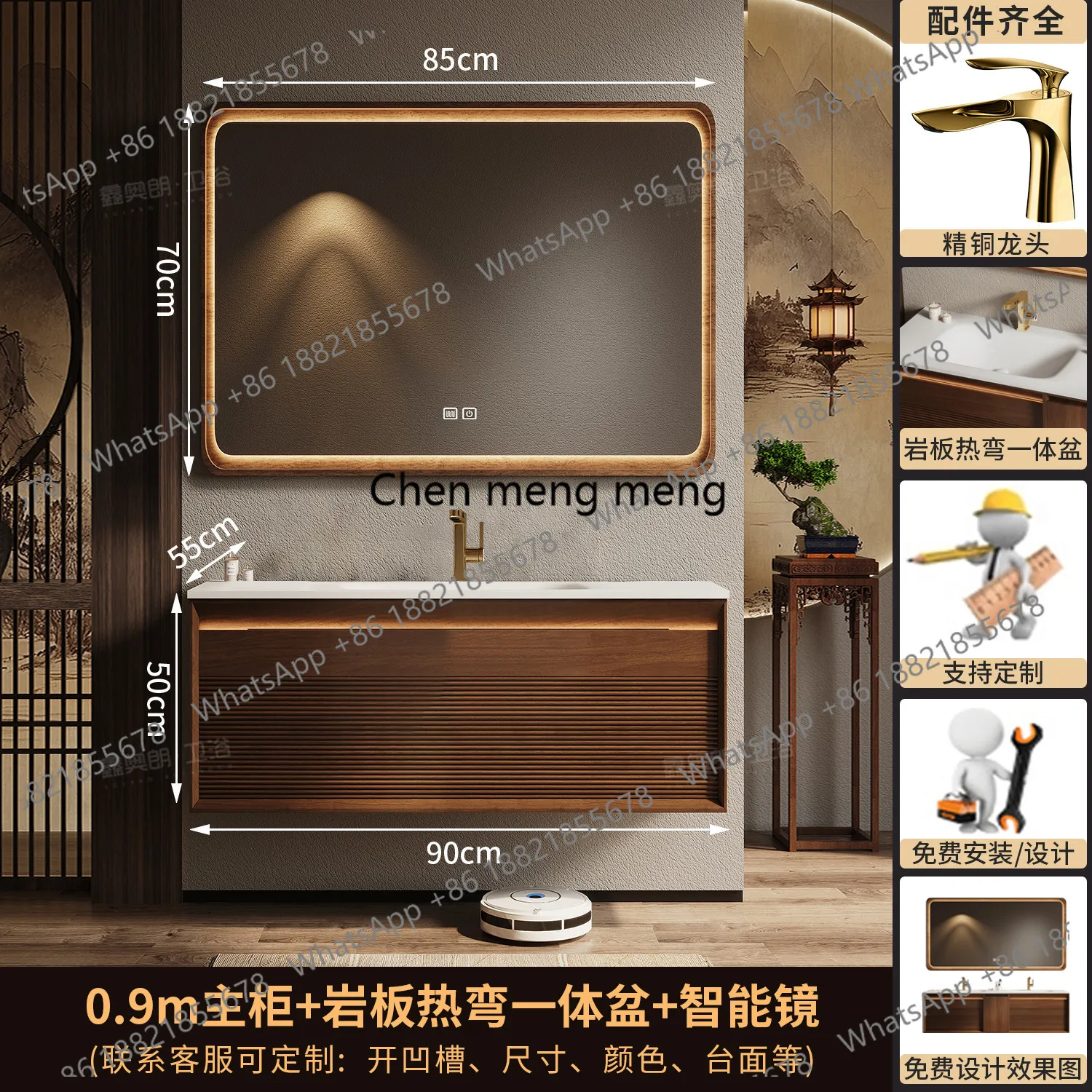 

New Chinese oak double basin bathroom cabinet combination antique natural marble washstand hand washbasin bathroom cabinet