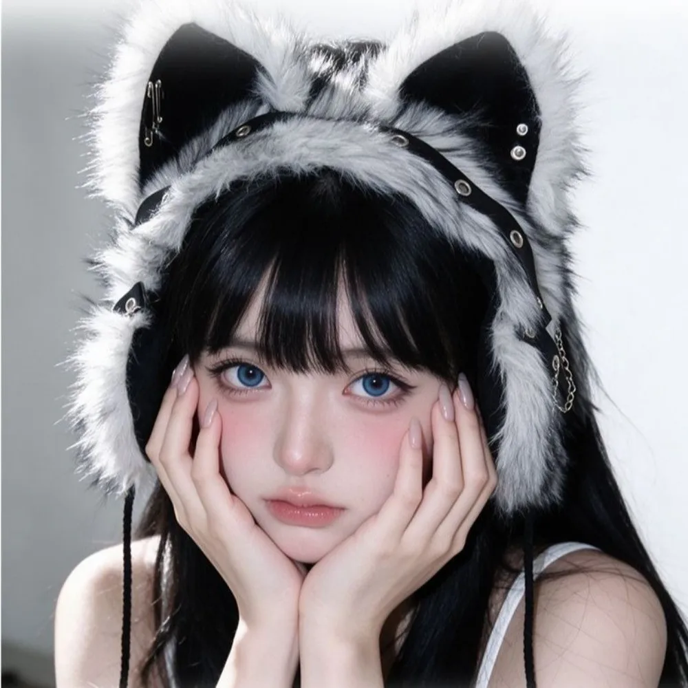 Dark Style Y2K Gothic Cat Ear Earmuffs Thick Warm Wind-proof Fluffy Earmuffs Cosplay Headwear Winter Plush Earmuffs Women