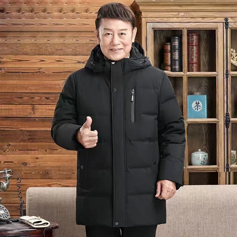 Men's High Quality Medium To Long Down Jacket Man Winter Middle-aged And Elderly Leisure Thick Warm Hooded Duck Down Puffer Coat