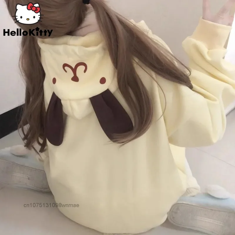 Sanrio Pom Pom Purin Hooded Zipper Sweaters Y2k Long Sleeve Coat with Cute Long Ears Hat Women Autumn Casual Loose Sweet Hoodie