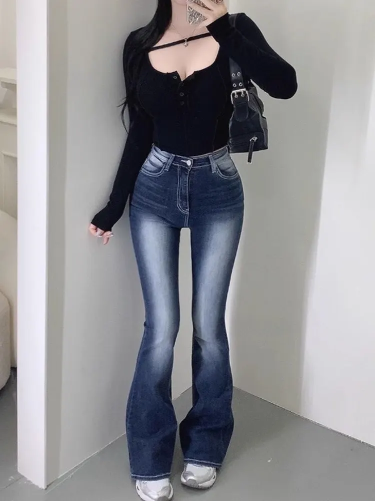 

Low Waist Bell Bot Jeans Women's Casual Cotton Stretch Denim Blue Jeans High Street Sle Waed out Design Slimming Effect