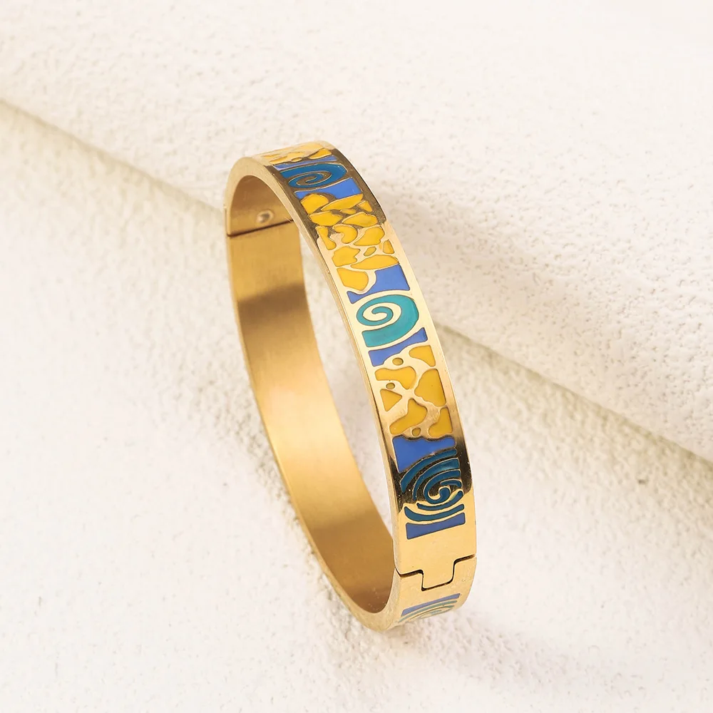 Vintage Stainless Steel Enamel Bracelet For Women Plated 18k Gold Color Open Bracelet Fashion Titanium Steel Jewelry Accessories