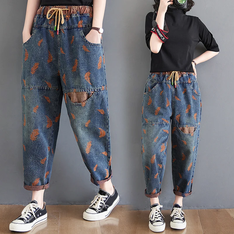 جينز عتيق مطرز بالريش بأرجل واسعة مقاس كبير سروال هارلان بخصر مطاطي للنساء بفخذ كبير تسع نقاط