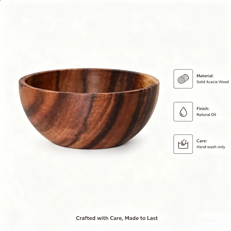 Natural Wooden Salad Bowl Premium Acacia Wood Handcrafted Large Round Bowl for Home Dining Use