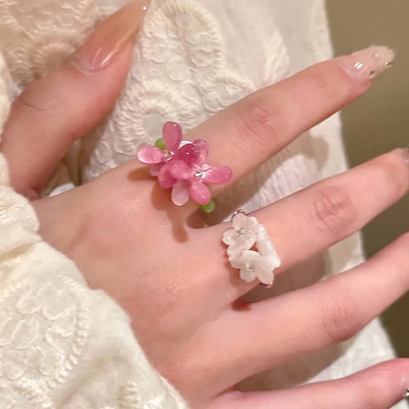 New Romantic Cute Violet Flower Ring Spring Summer Elastic Beaded Rings for Women Friends Korea Finger Jewelry Accessories Gift