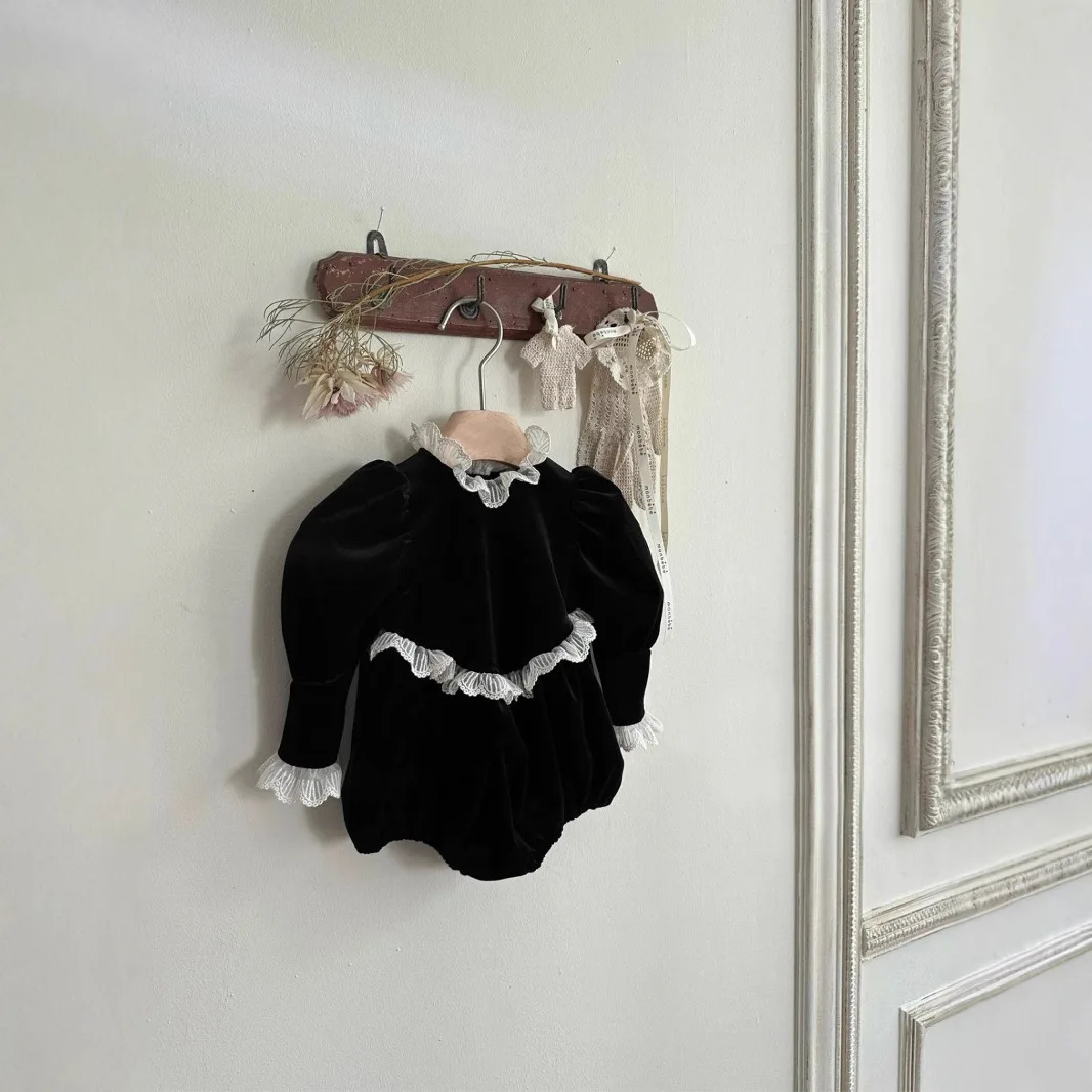 Korean Baby Girl Lace Collar Lace Jumpsuit Romper Christmas Infant Black Velvet Long Sleeve Crawler