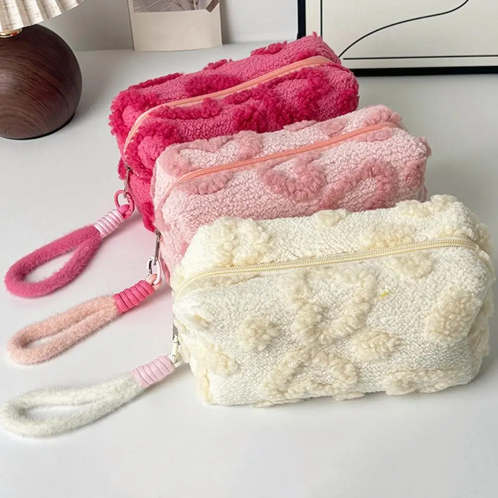 Plush Makeup Bag Travel Cosmetic Case Cute Heart Fluffy Toiletry Pouch Soft Portable Storage Organizer With Handle