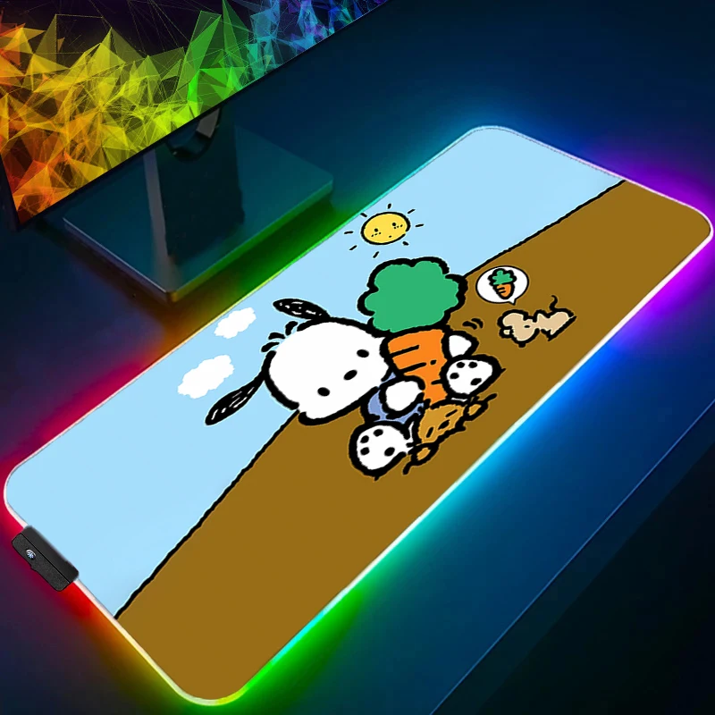 Grote muismat RGB Pochacco laptop pc gamer toetsenbord mat XXL muismat LED rand wit voor beste cadeau achtergrondverlichting rubberen tafelmat