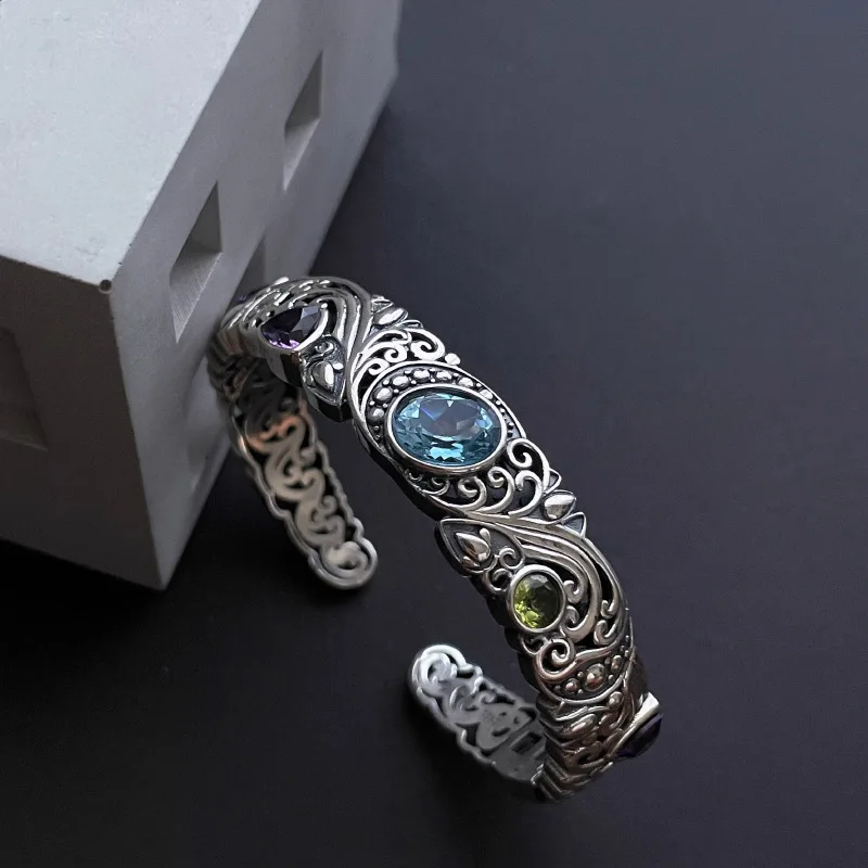 PANJBJ 925 Silver Hollowed Out Zircon Bracelet for Women Girl Gift Retro Carving Flowers Design Exaggera Jewelry Dropshipping