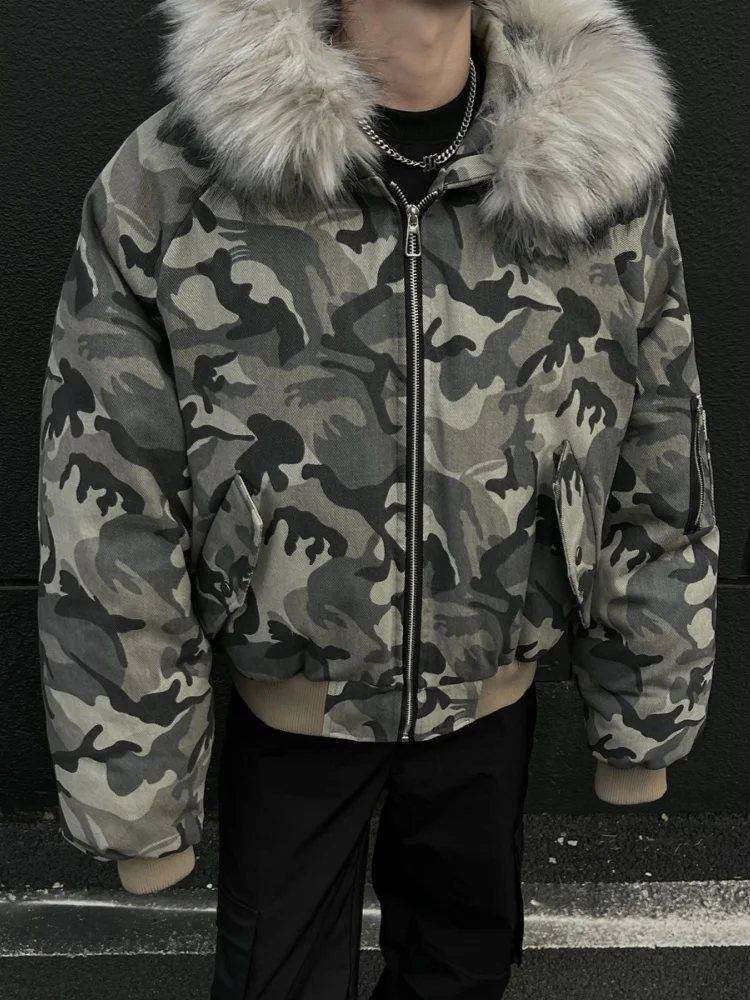 American Retro Camouflage Thickened Cotton Jacket Men's Winter Coat with Large Fur Collar Casual Loose Fit Warmth Youth Trend