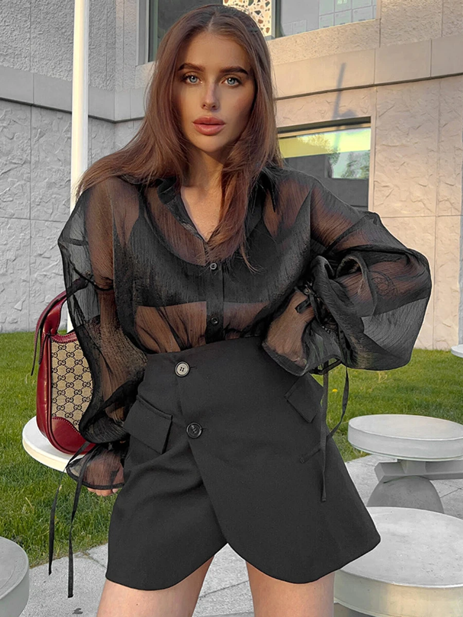 New 2026 Mesh Transparent Black Blouse Women Sexy French Loose Long Shirt Tops Turn-down Collar Lantern Sleeve Casual 64073