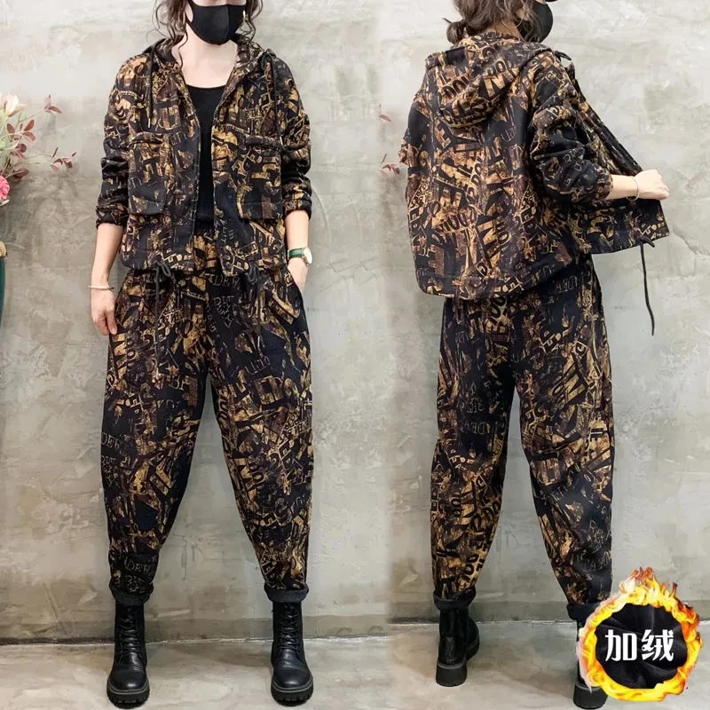 Women Two Piece Set Female Casual Fashion Cotton Linen Suits NEW Autumn Winter Large Size Suit Casual Hooded Coat + Pants Outfit