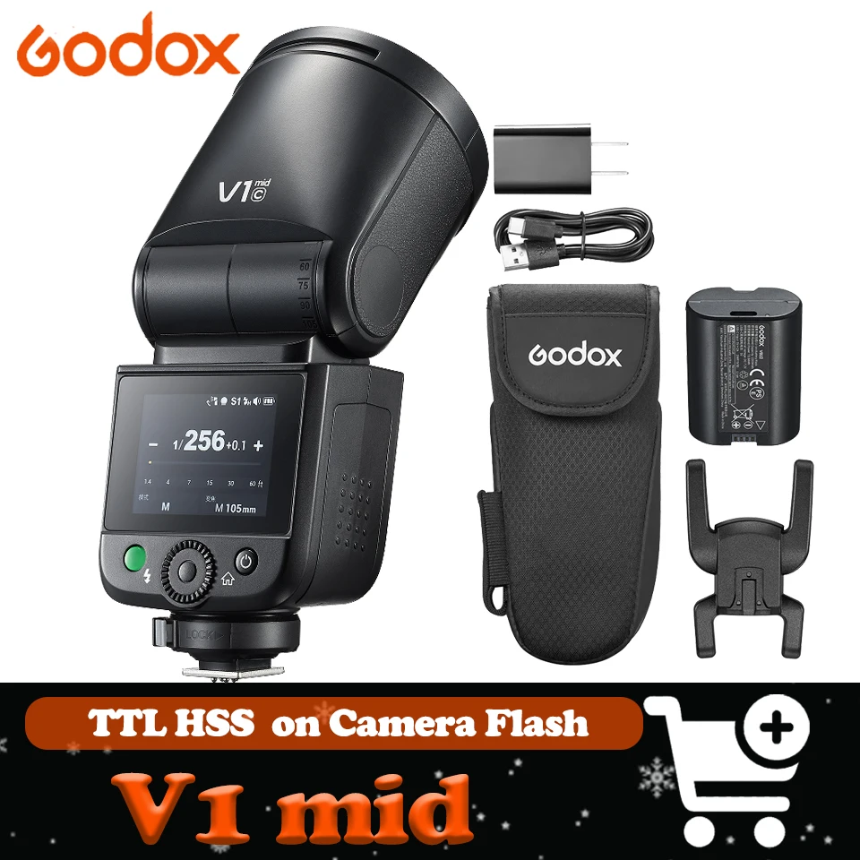 

Вспышка Godox V1 mid TTL HSS с беспроводной передачей данных, 1/600с-1/20000с, Li-ion, круглая головка, для камер Sony, Canon, Nikon