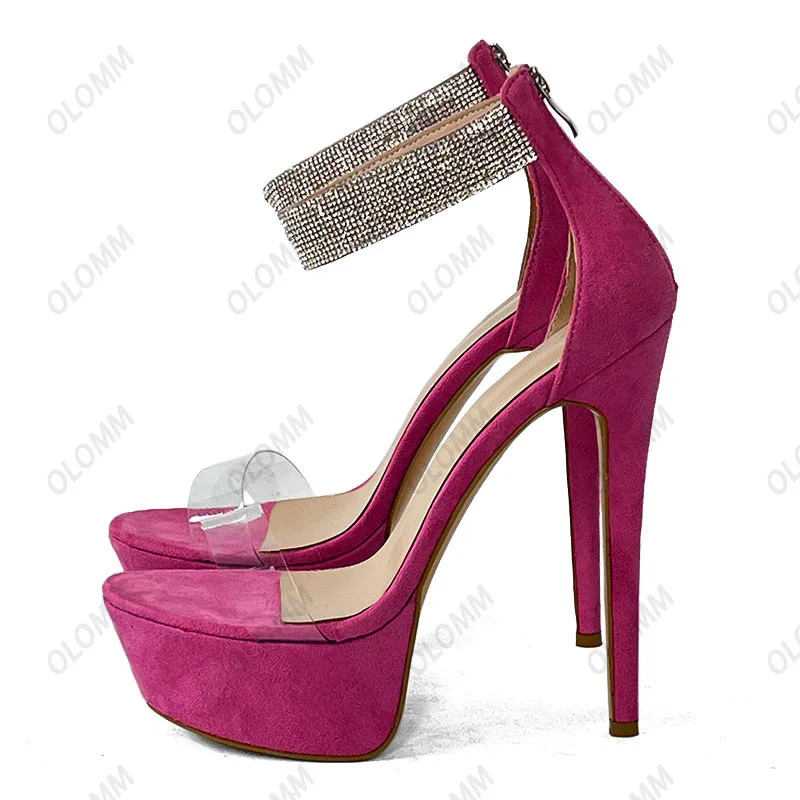 Olomm اليدوية المرأة الصيف صنادل أرضية مثير الخنجر الكعوب جولة تو لطيفة الوردي مساء أحذية السيدات الولايات المتحدة حجم كبير 5-20