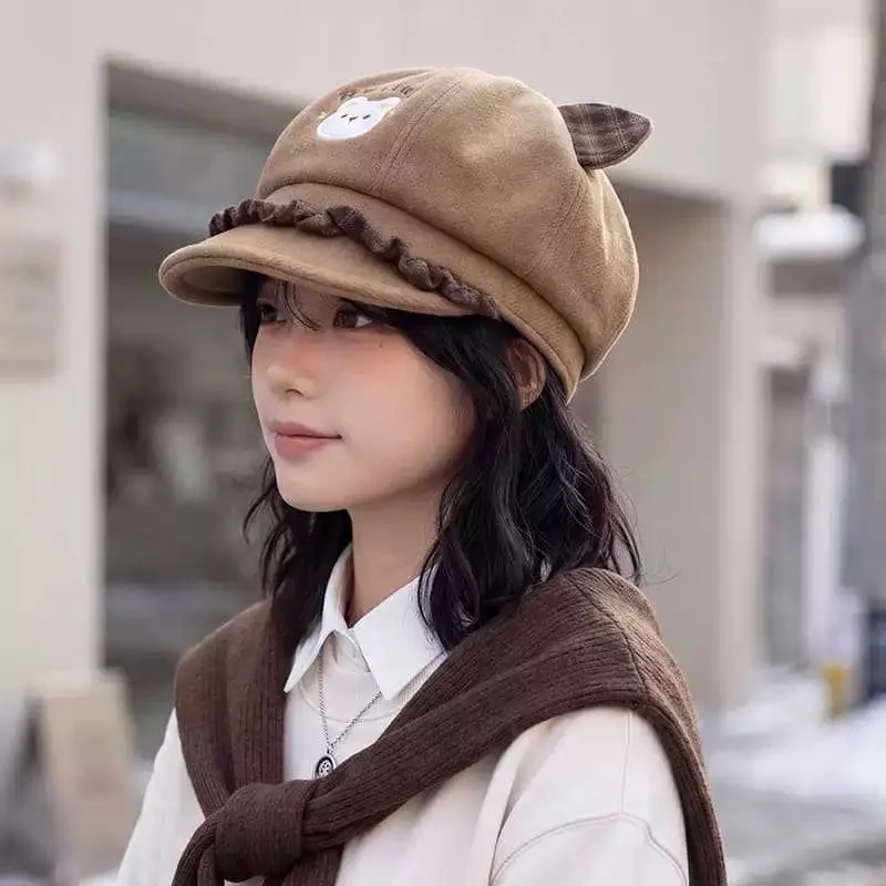 2026 Fall/Winter Collection: Warm Retro Octagonal Hat with Cute Bear Ears—Fashionable, Versatile, Face-Slimming Artist Hat