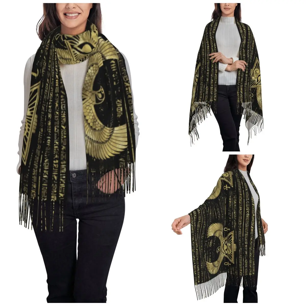 Women's Tassel Scarf Egyptian Ancient Long Winter Fall Shawl and Wrap Egypt Hieroglyphs Horus Anubis Reversible Pashmina Scarves