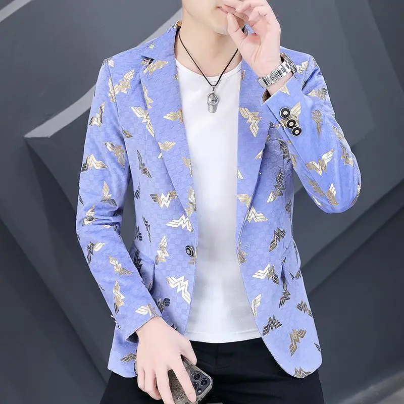 

3-A11 Spring and autumn men's suits trendy printed slim new small suits young barber casual single western clothes