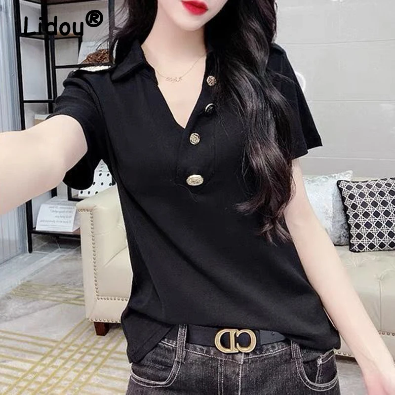 

2023 Women Summer Korean Fashion Slim Elegant Basic T Shirt Black White Button Polo Collar Tees Short Sleeve Tops Ropa De Mujer