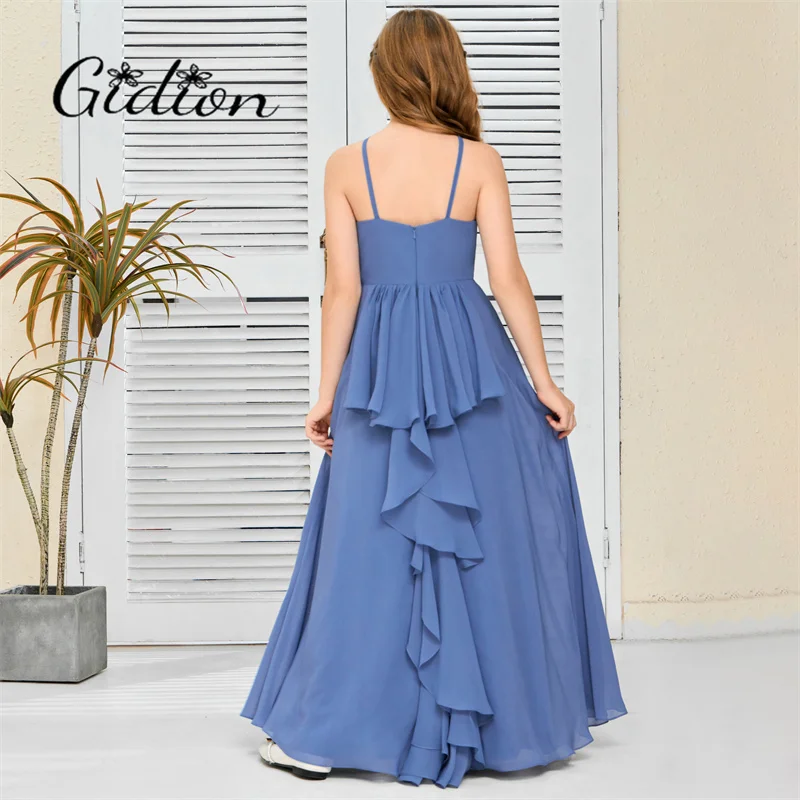 Chiffon Bridesmaid Dress com cintas de espaguete para crianças, cerimônia de casamento, aniversário, concurso, banquete de celebração Junior