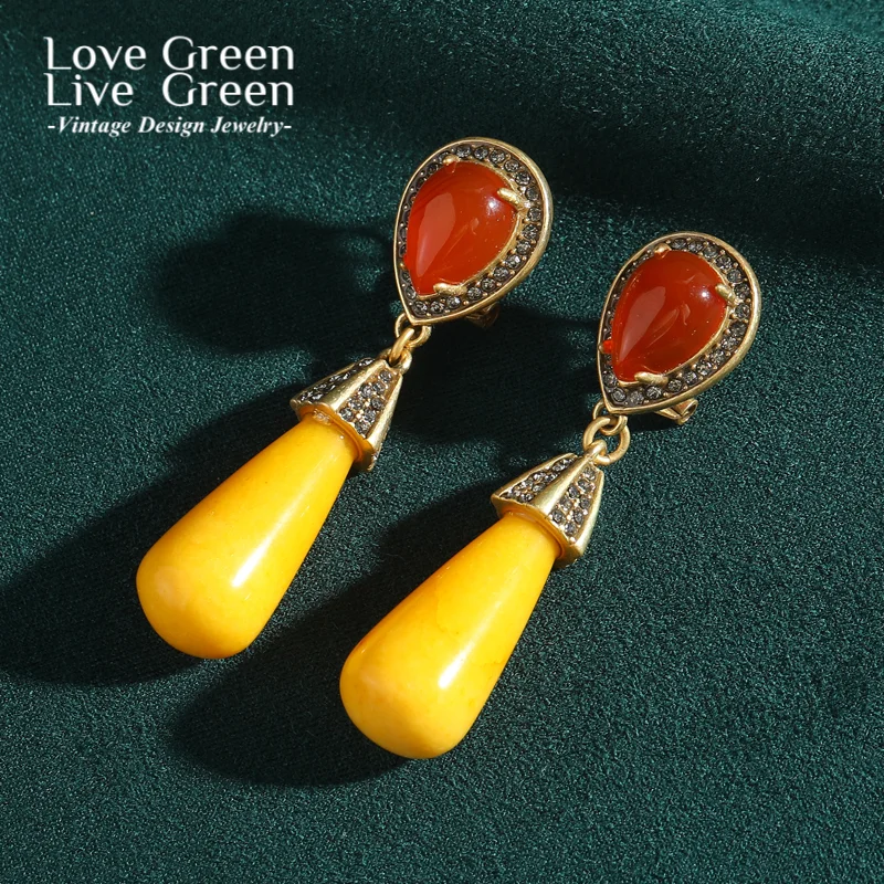 

Vintage Yellow Natural Stone Drop Earring Long Orange Glaze Gold Color Rhinestone Luxury Jewelry Designer Quality Trendy 2025