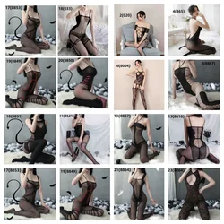 Collant a vita alta calze a rete per il sesso Sexy porno Lingerie femminile a rete Bondage tuta erotica Stretch collant con apertura sul cavallo