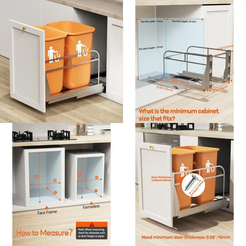 

Heavy Duty Kitchen Cabinet Slide Out Trash Can - Dual Pull Out Garbage Bin System, Sink Area Storage Solution