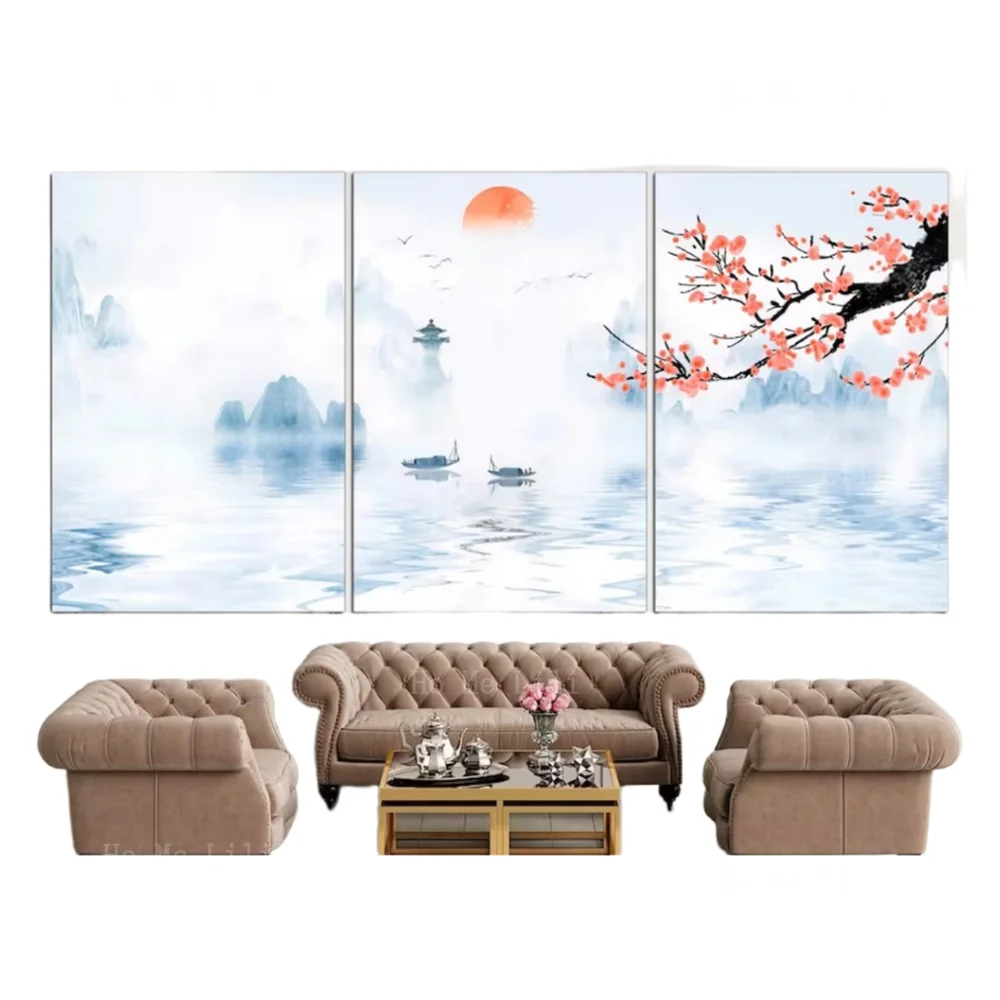 Japanese Sunset River House Art Deco Bedroom Wall Art Wall Decoration Triplet Painting