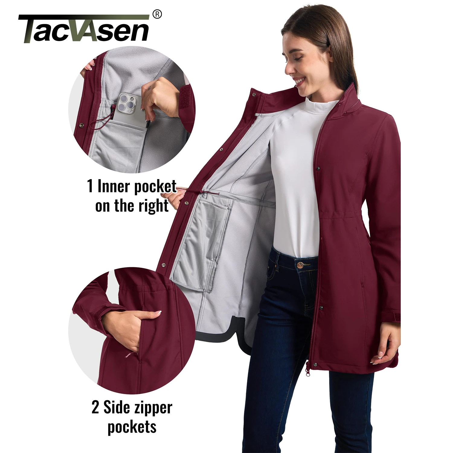 TACVASEN سترات طويلة مبطنة بالصوف للنساء سترات شتوية دافئة سترات ناعمة مقاومة للرياح معطف مطر بقلنسوة سترة واقية خارجية سترة واقية