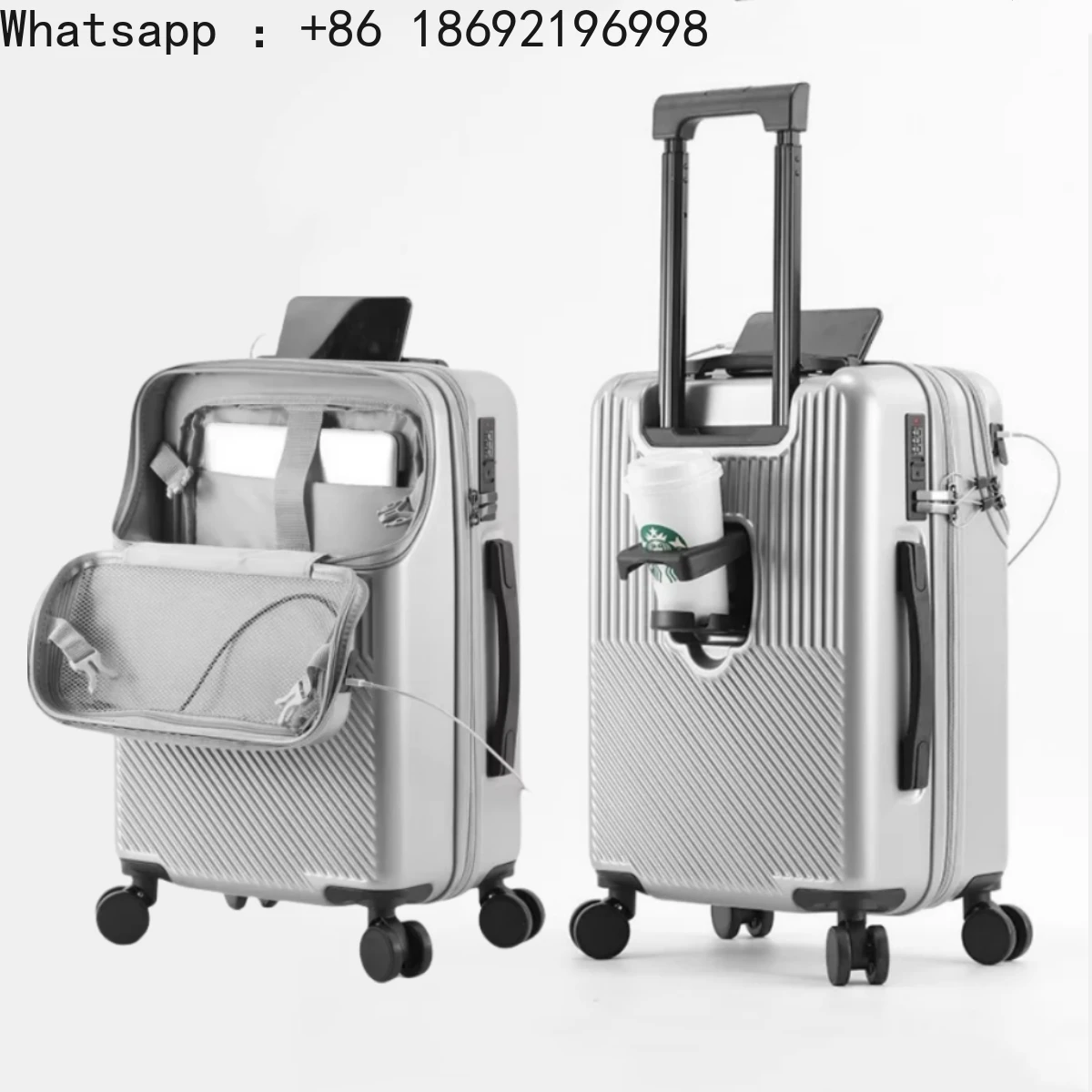 

Front Opening Pocket Suitcase Travel Rolling Luggage Aluminum Alloy Trolley ABS+PC Case Bag with Spinner Wheel USB Charging Port