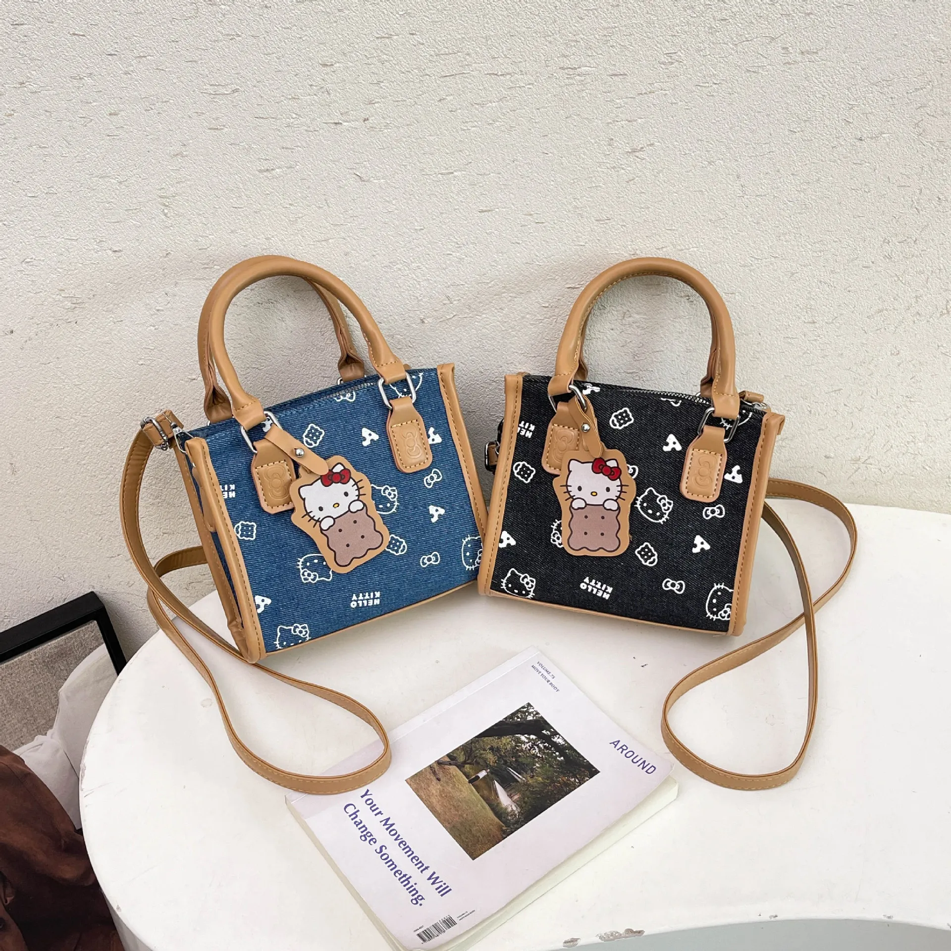 Fashionable and Versatile Cat Small Square Bag New Cute Shoulder Denim Printed Crossbody Bag Y2k Fashion Toys Anime Frind Kawaii