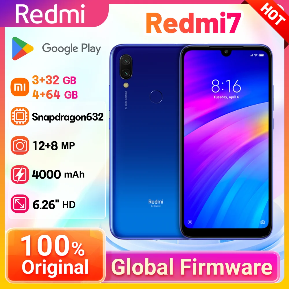 Xiaomi Redmi 7 โทรศัพท์มือถือพร้อมเคสโทรศัพท์, Dual SIM Solt โทรศัพท์มือถือ Android โทรศัพท์มือถือใช้กล้องคู่