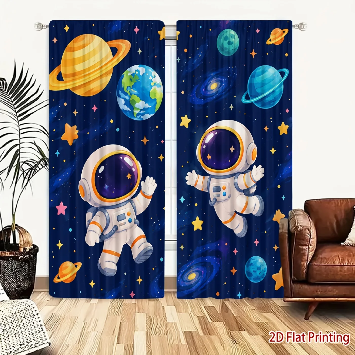 Cartoon Astronaut Space Curtain Panels, Planet Galaxy Star Earth Print Window Drapes for Kids Living Room Cozy Home Wall Decor