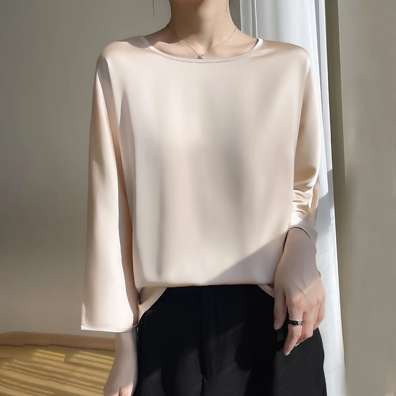 2023 Spring/Summer New Round Neck 3/4 Sleeve Clean Face Loose High Grade Draping Silk Smooth Satin T-shirt Women's Top