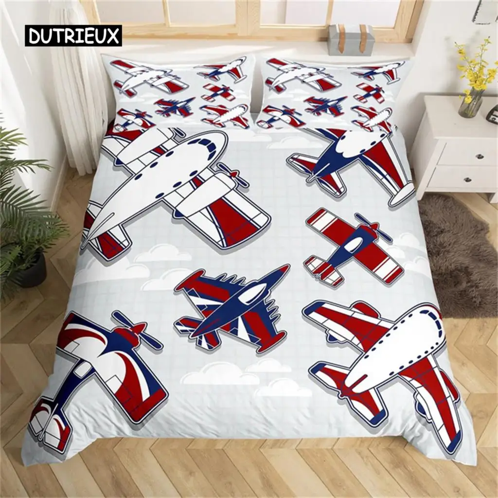 

Cartoon Airplane Duvet Cover Aircraft Bedding Set Microfiber Cute Cloud Comforter Cover Twin King for Kids Boys Girl Gift Room