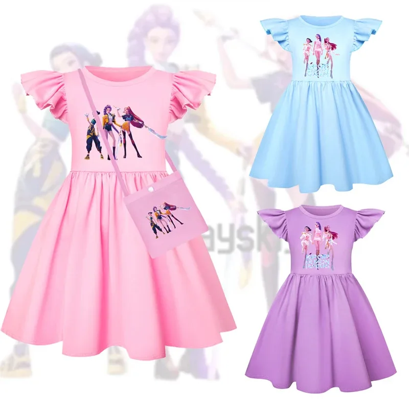 

LQK-Pop Охотники на демонов Аниме Одежда для маленьких девочек Платья с летящими рукавами и маленькой сумкой Детская свадебная вечеринка Принцесса Vestidos Best Gi