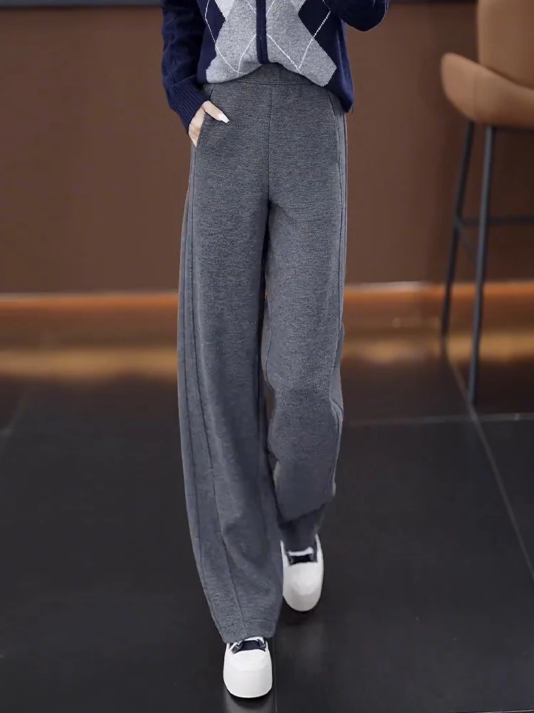 

Gray Woolen Wide Leg Pants Women's Autumn Winter High Waist Loose Casual Fleece Lined Thickened Banana Pants Knife