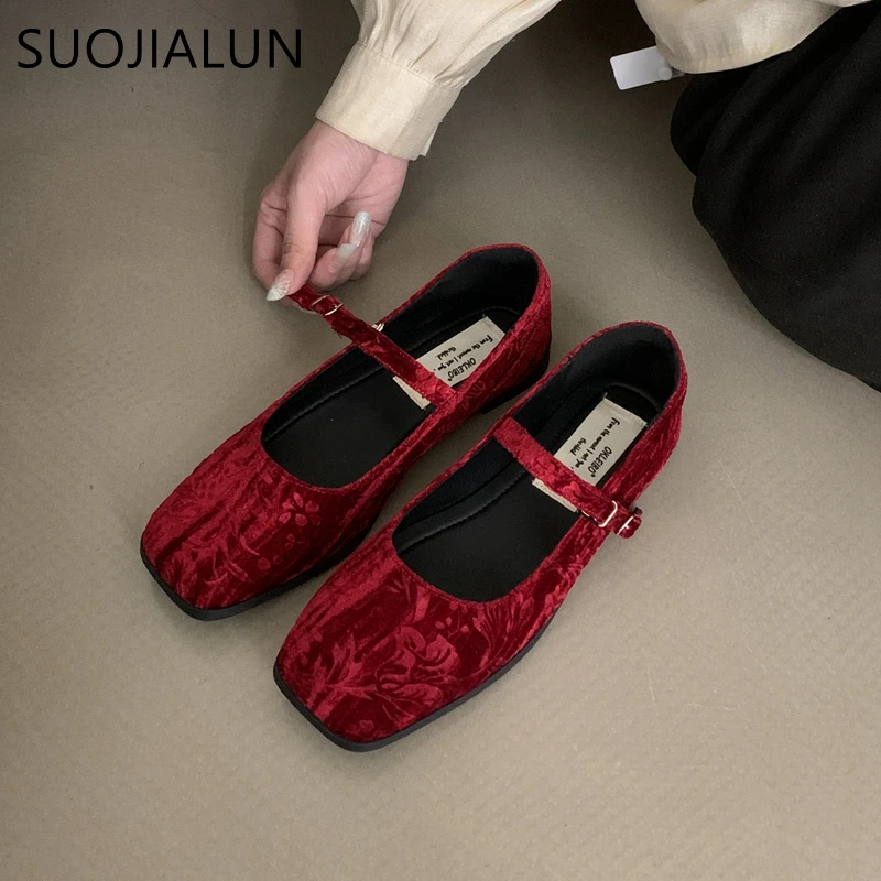 SUOJIALUN 2024 Autumn Women Flat Shoes Fashion Square Toe Sahllow Mary Jane Shoes Soft Sole Outdoor Dress Elegant Boat shoes