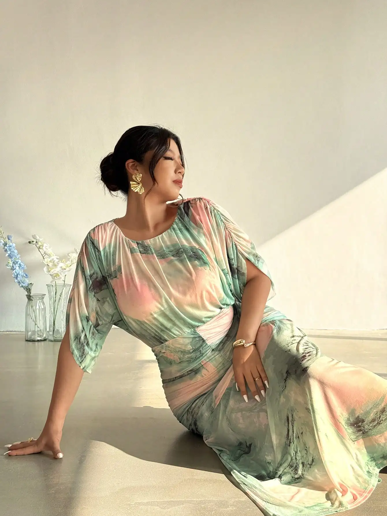 

Elegant Abstract Green Print Plus Size Long Dress For Women Spring Summer Party Wedding