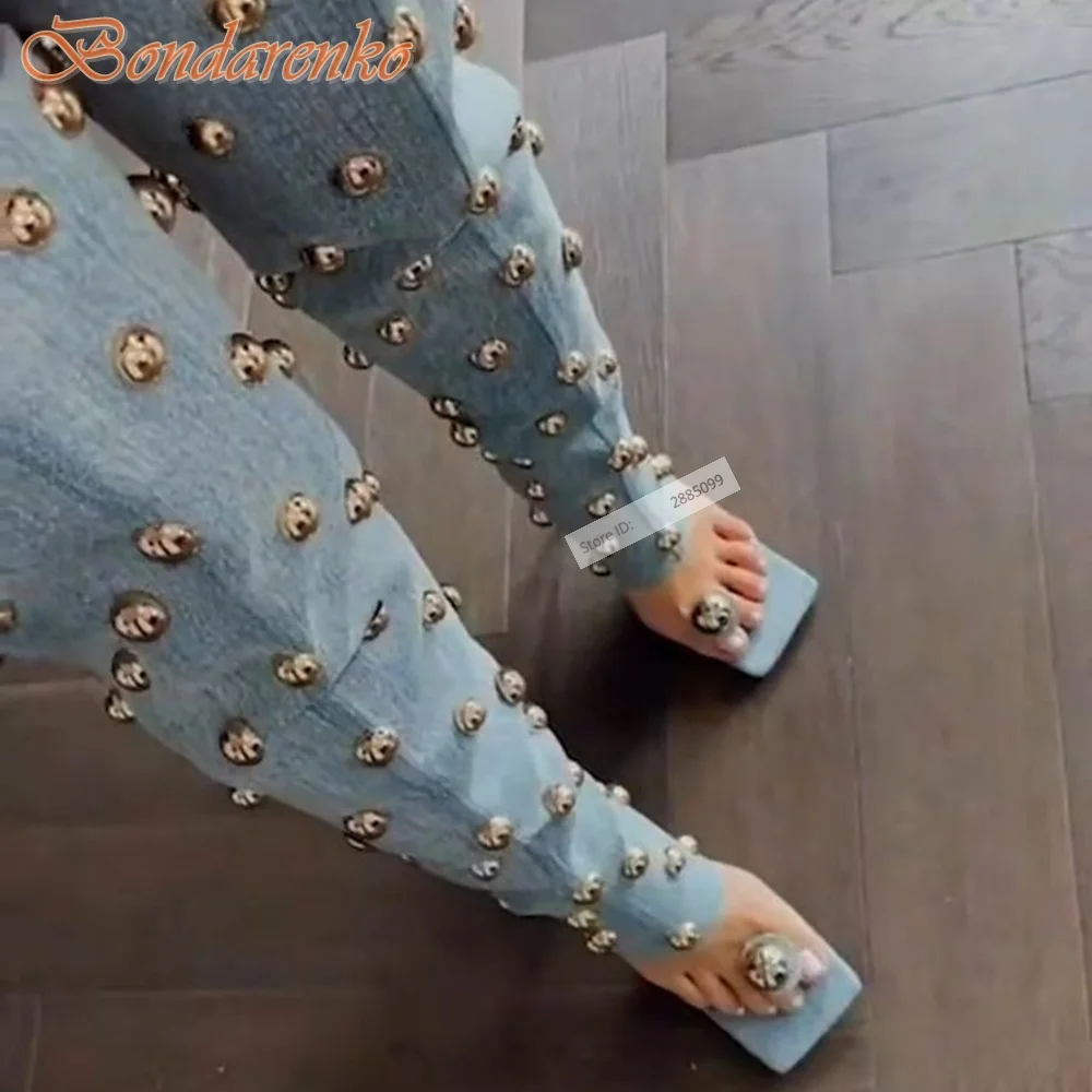 

Metal Beads Thigh High Boots Square Toe Straps Thin High Heels Solid Back Zipper Boots Designer Party Casual Women Shoes Spring