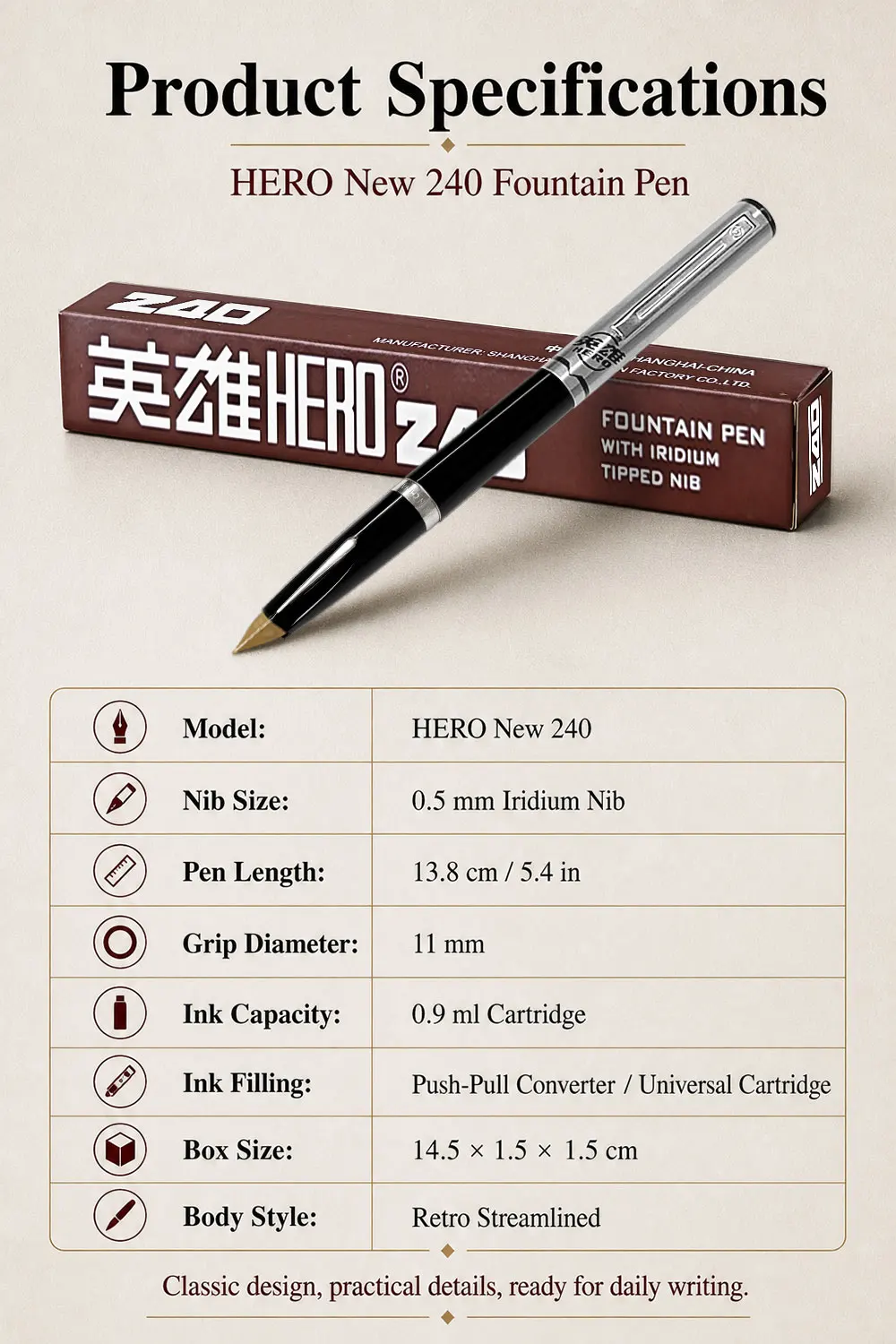 Hero 240 Retro-Füllfederhalter, klassisches Design, feine 0,5 mm Iridium-Feder, glattes Schreiben, gleichmäßiger Tintenfluss für den täglichen Gebrauch – Detail 10