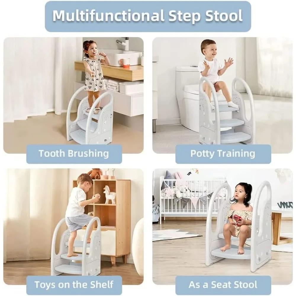 Tabouret d'aide à l'apprentissage pour enfants, pour évier de salle de bain, avec poignée et anti-ald, sous-gris et blanc