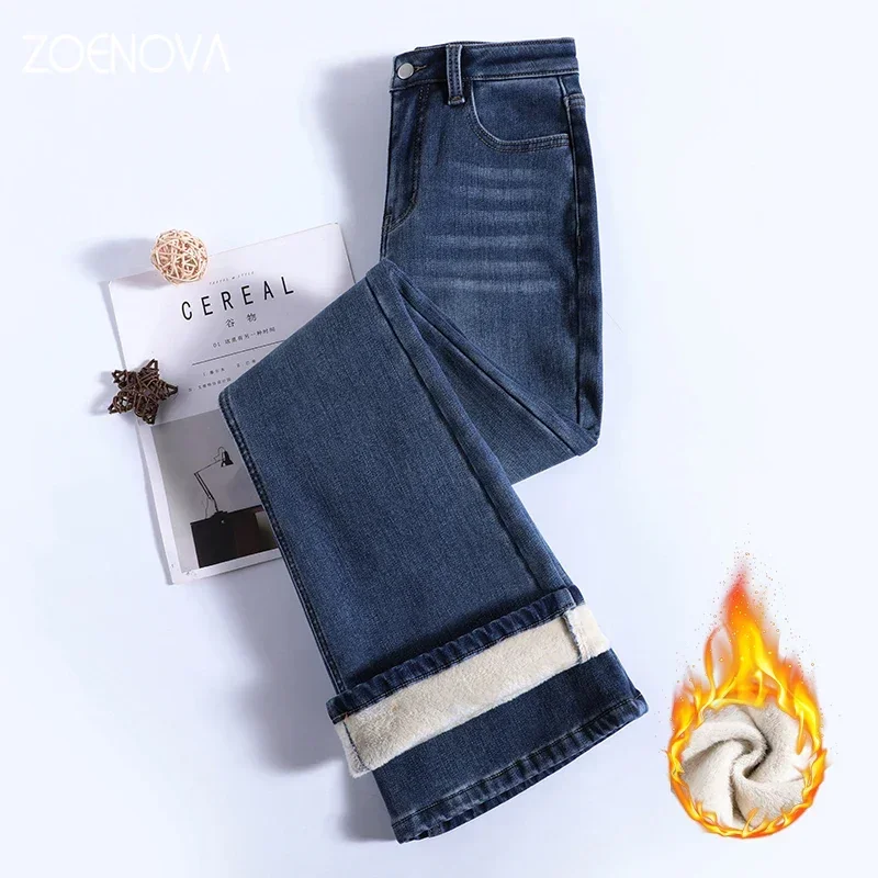 Imagem -03 - Zoenova-jeans de lã Quente para Mulheres Calças Jeans Vintage Cintura Abdominal Sexy Calça Elástica 100 Algodão Moda Feminina 2023