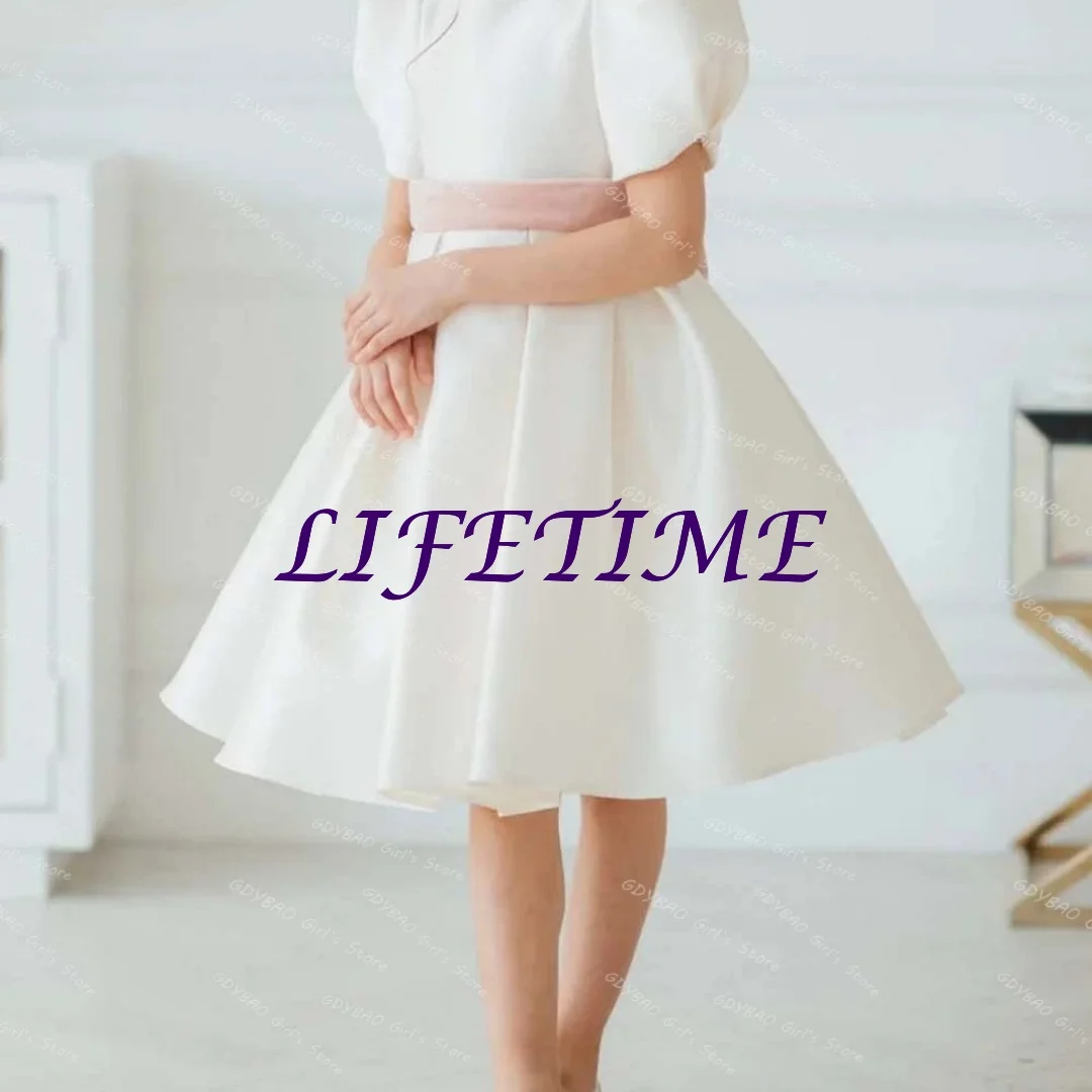 

Customized Tea Length Flower Girl Dress for Wedding Party Toddlers O Neck Short Sleeve Pageant Birthday Dress With Bow Sashes